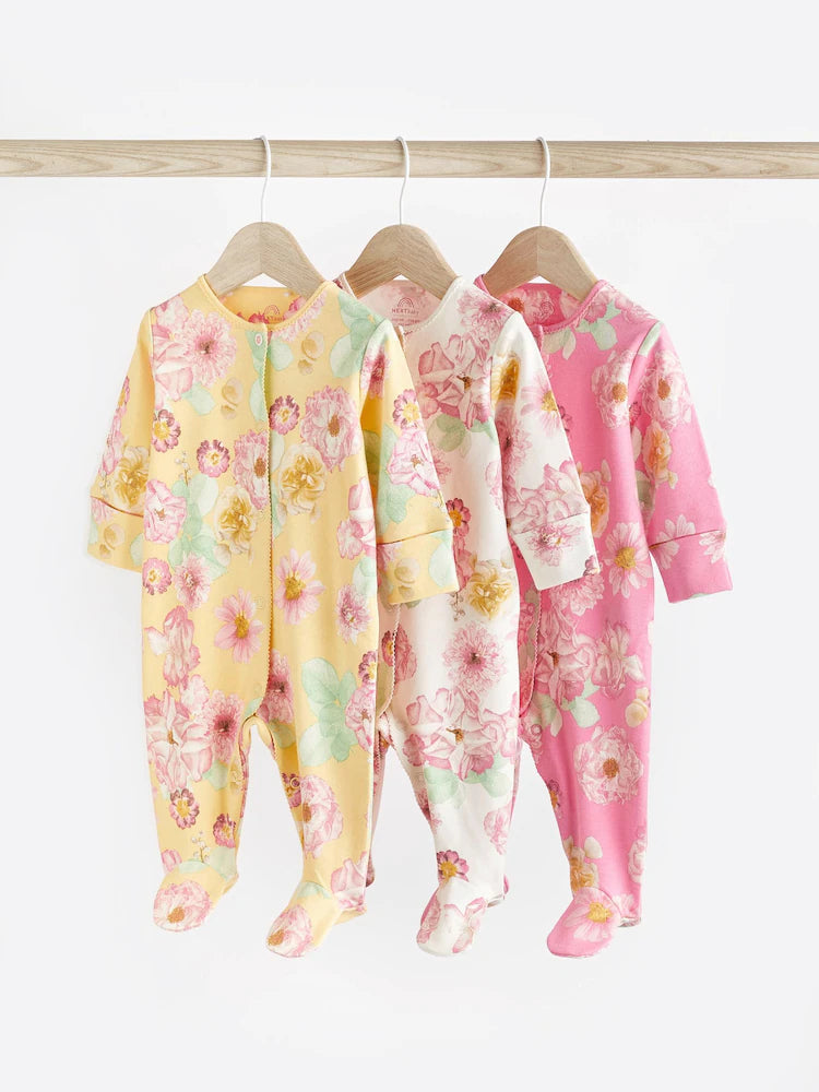 Yellow/Pink Floral Popper Baby Sleepsuits 3 Pack
