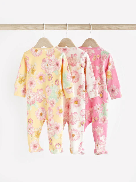 Yellow/Pink Floral Popper Baby Sleepsuits 3 Pack