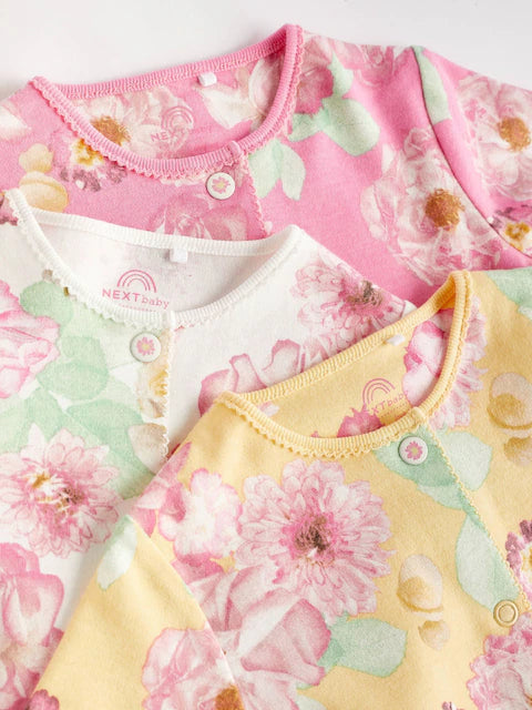 Yellow/Pink Floral Popper Baby Sleepsuits 3 Pack