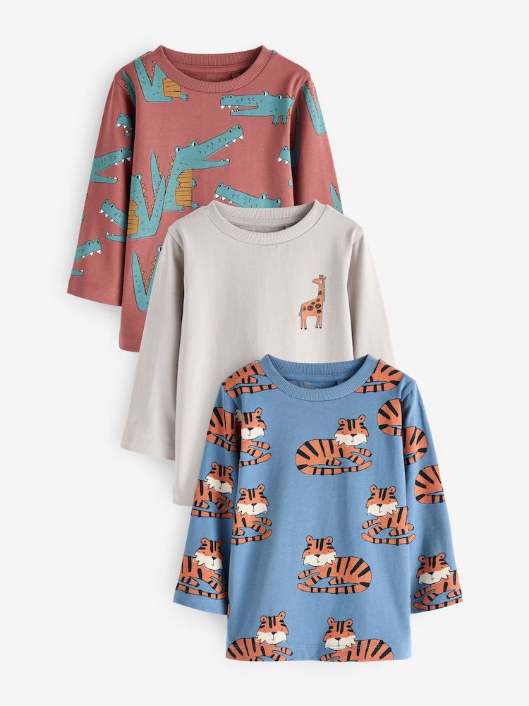 Neutral/Tan Long Sleeve Animal
Print Character T-Shirts 3 Pack