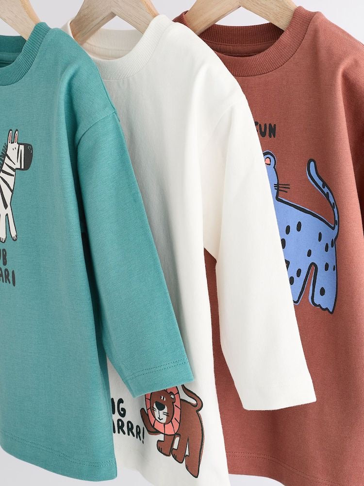 Blue/Brown Long Sleeve Animal Print Character T-Shirts 3 Pack