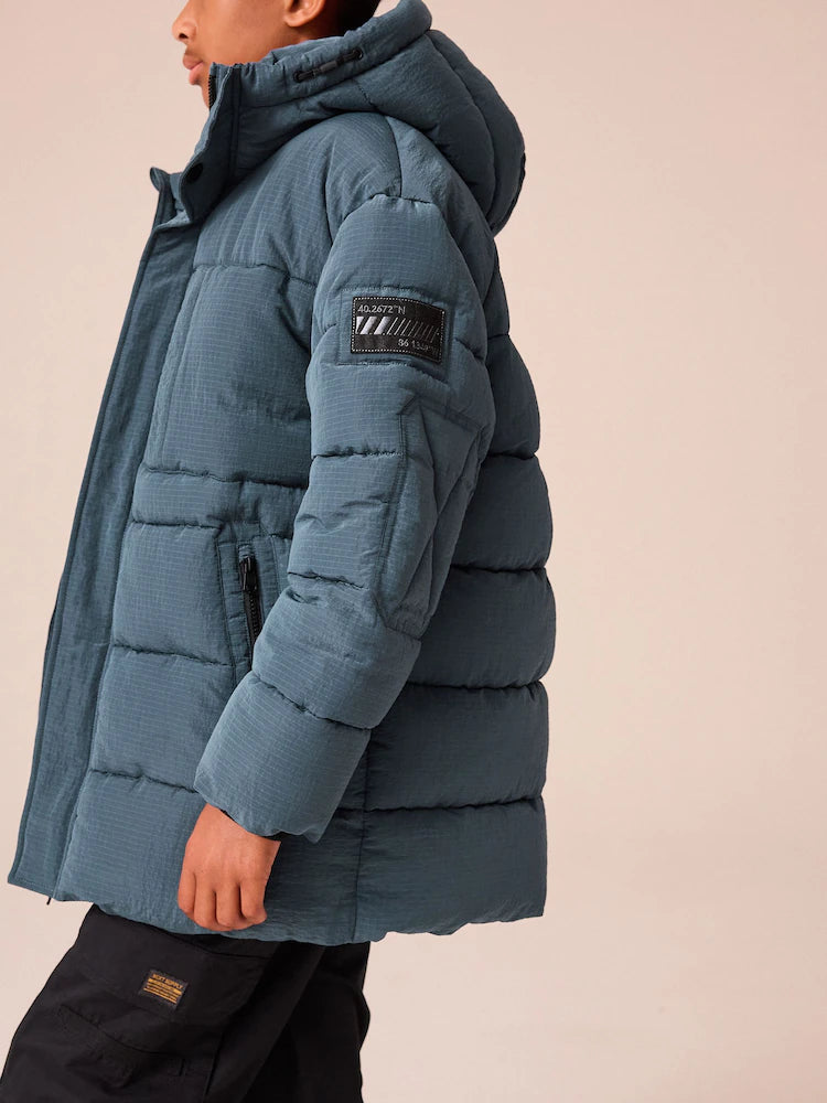 Teal Blue Utility Fleece Lined Hooded Padded Puffer Coat