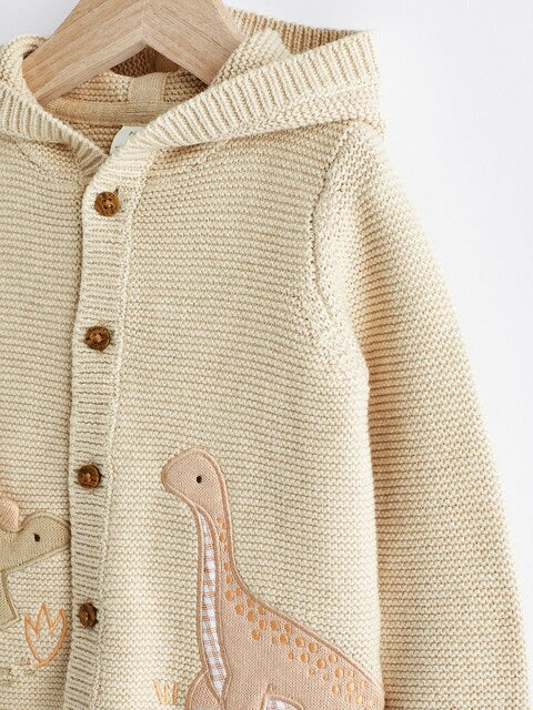 Cream Dinosaur Baby Knitted 100% Cotton Hooded Cardigan