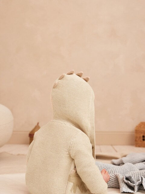 Cream Dinosaur Baby Knitted 100% Cotton Hooded Cardigan