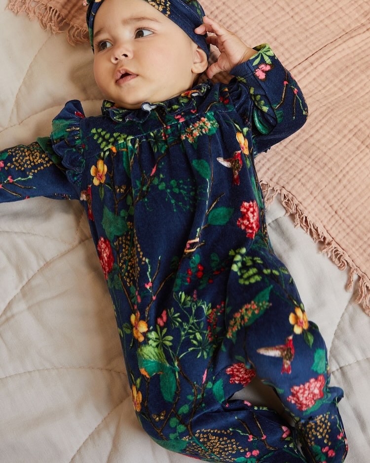 Navy Floral Velour Sleepsuit with Hat Set