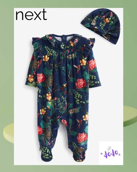 Navy Floral Velour Sleepsuit with Hat Set