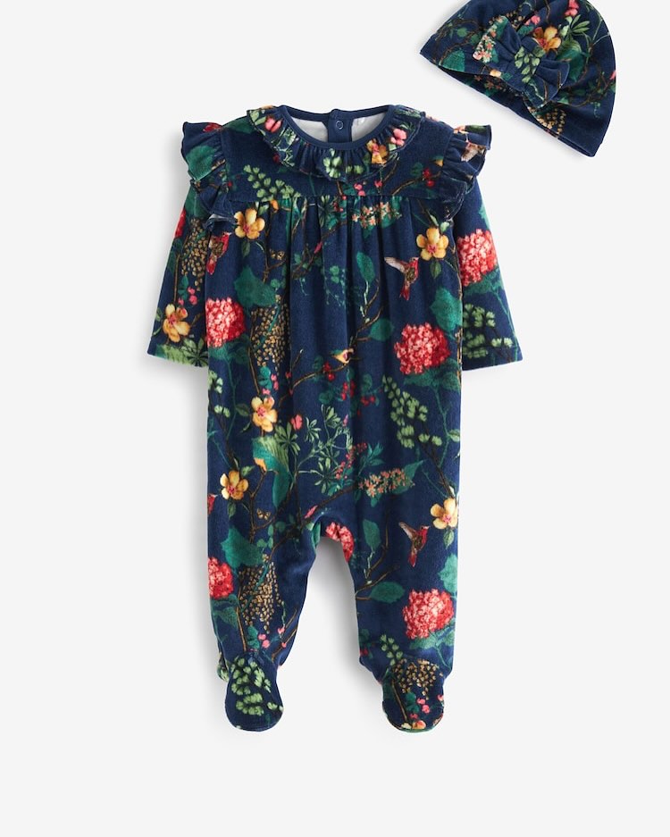 Navy Floral Velour Sleepsuit with Hat Set