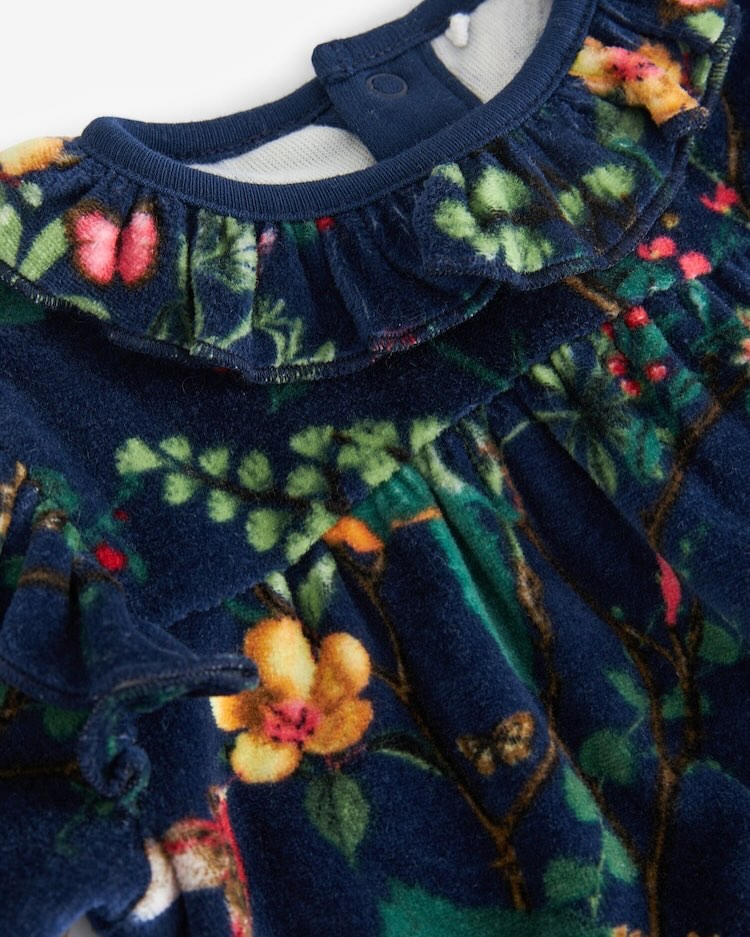 Navy Floral Velour Sleepsuit with Hat Set