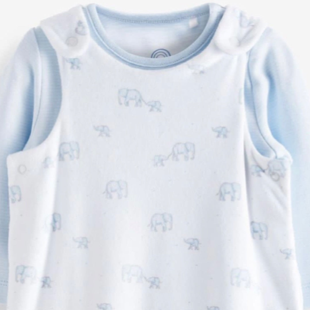 White/Blue Velour Dungarees & Bodysuit Set