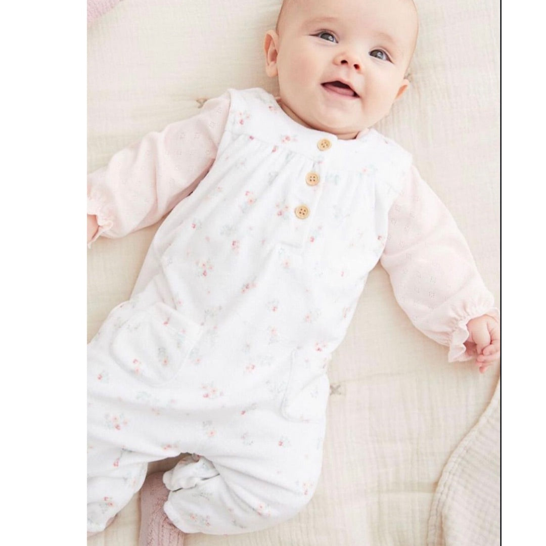 White/Pink Velour Dungarees & Bodysuit Set