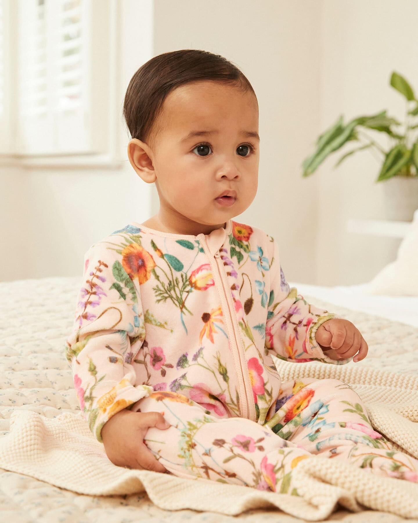Pink Floral Velour Sleepsuit