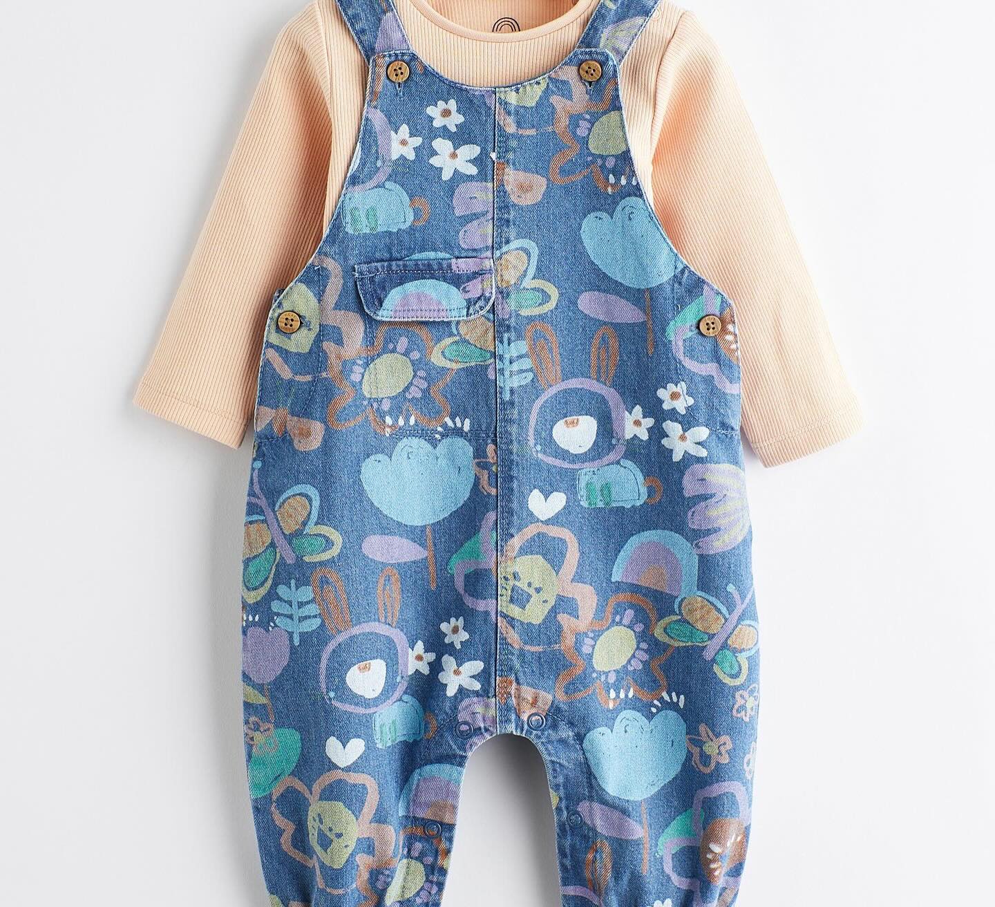 Denim Printed Dungarees & Bodysuit Set