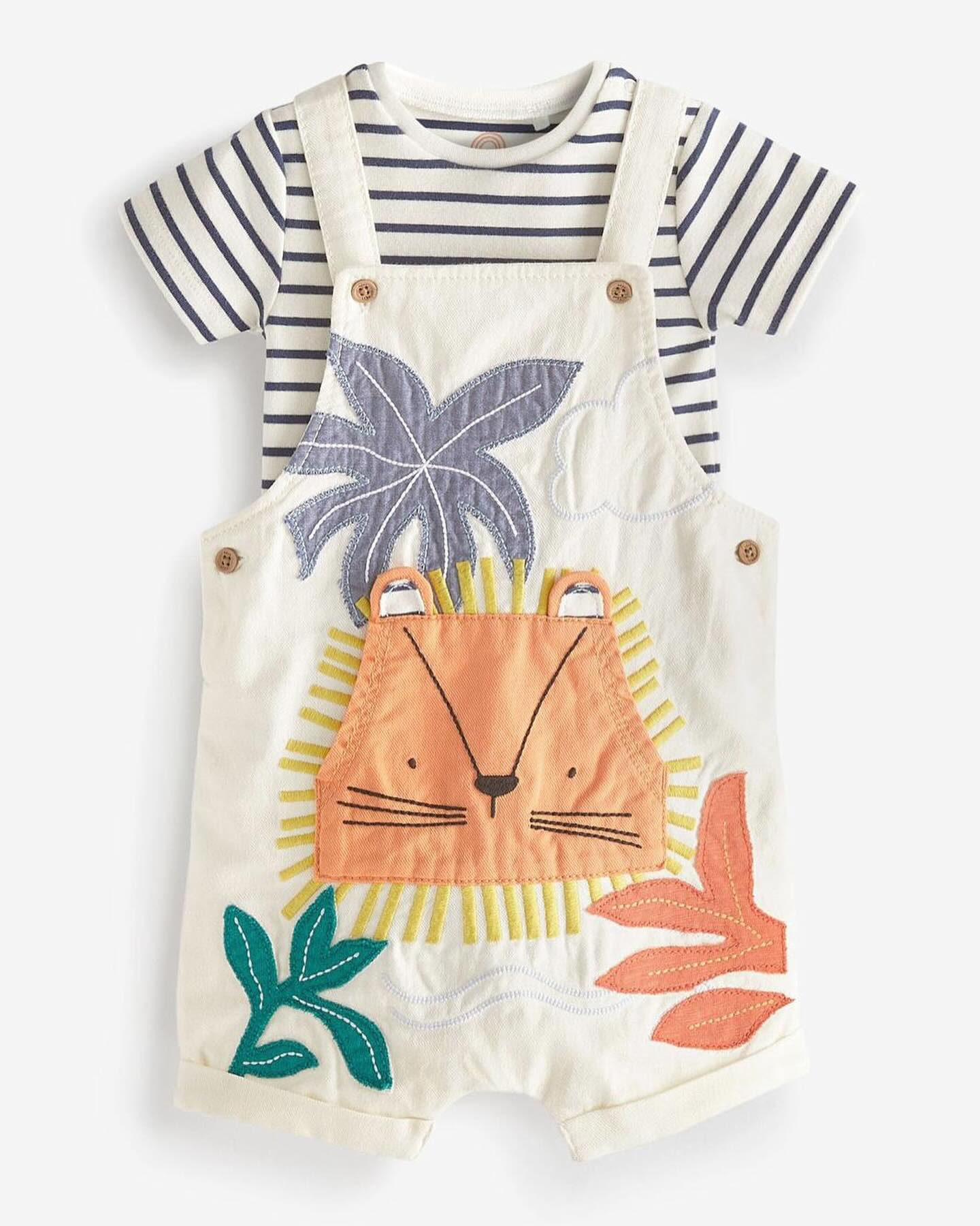 Cream Lion Denim Appliqué Dungarees & Bodysuit Set