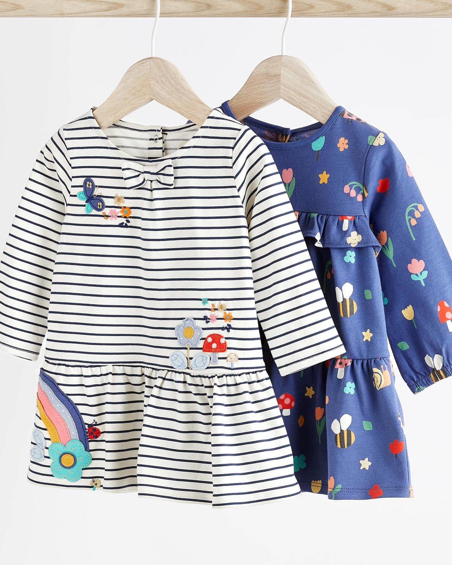 Navy Stripe Character Frill Appliqués Dresses 2 Pack