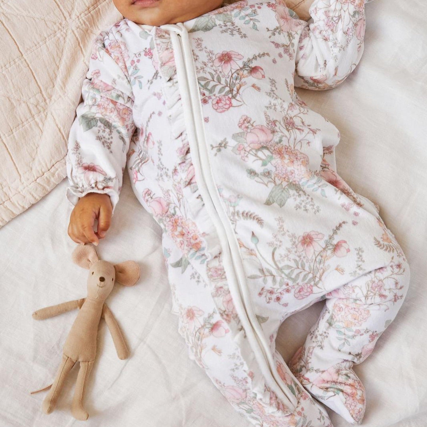 Floral Frilled Velour Sleepsuit.
