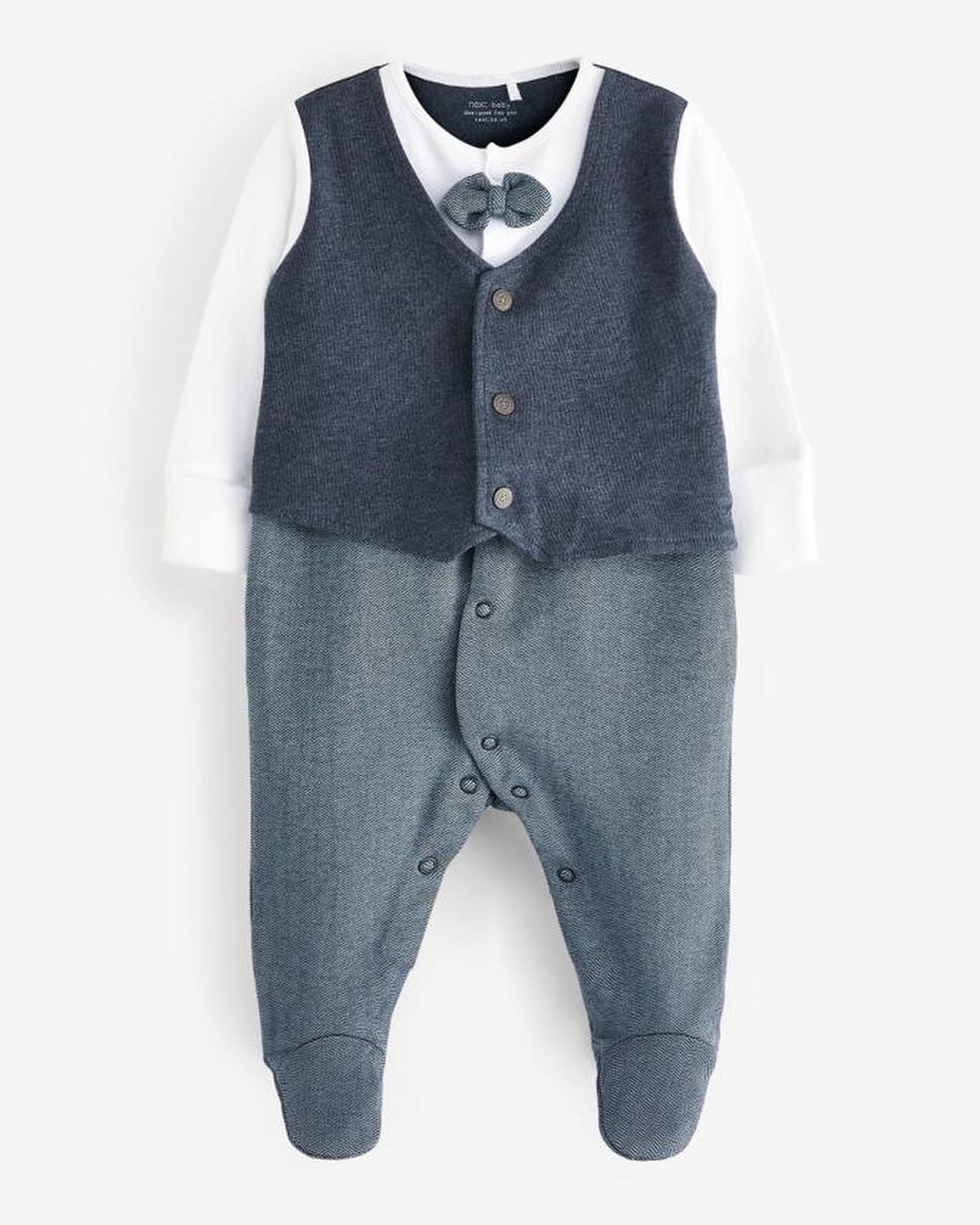 Navy Blue Sleepsuit, Mock Waistcoat with Bow Smart Occassionwear