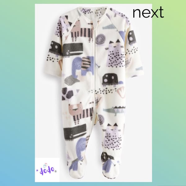 Cream & Grey Animal Fleece Sleepsuit