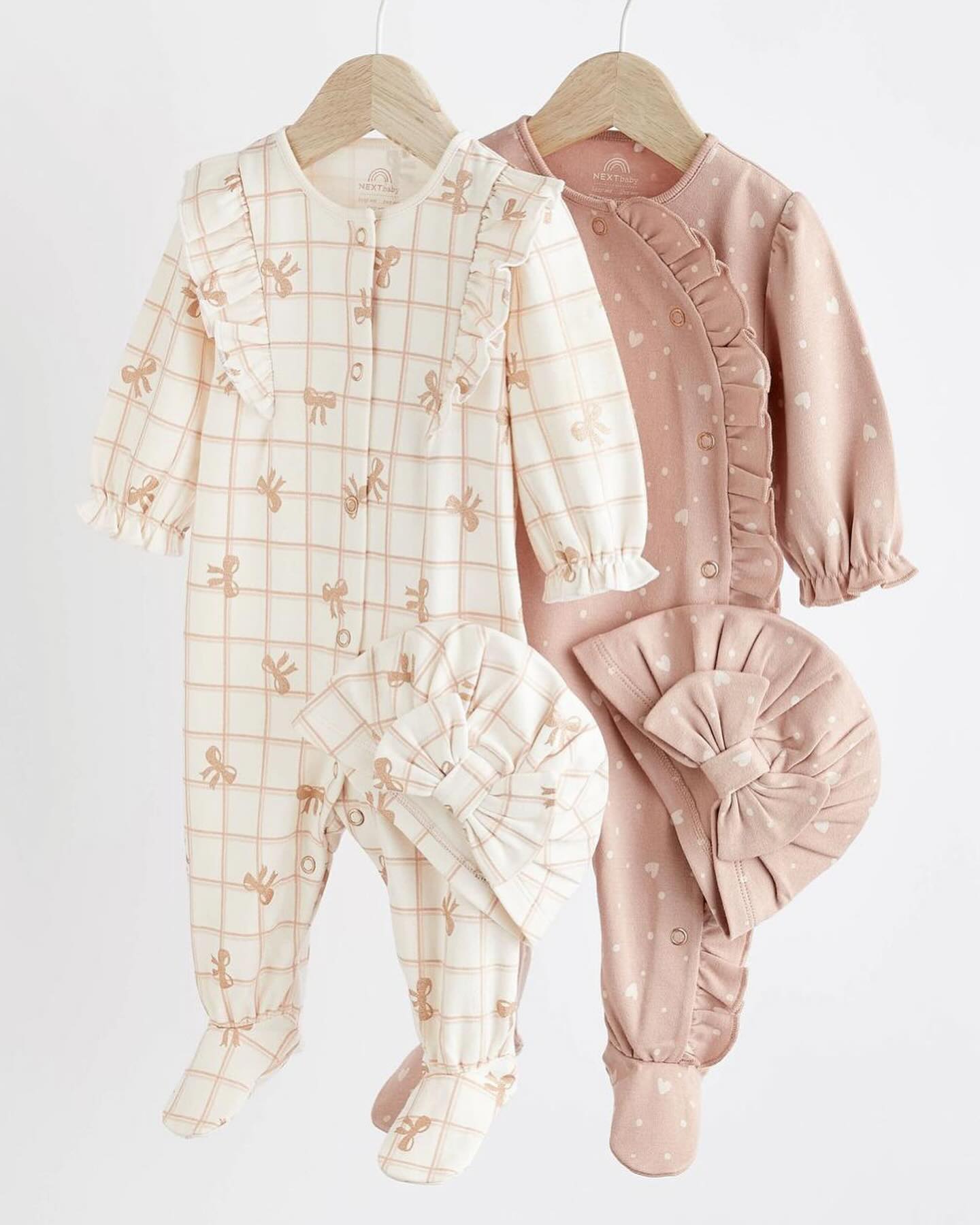 Pink/ Cream Frilled Sleep suit with matching Turban Hats Set