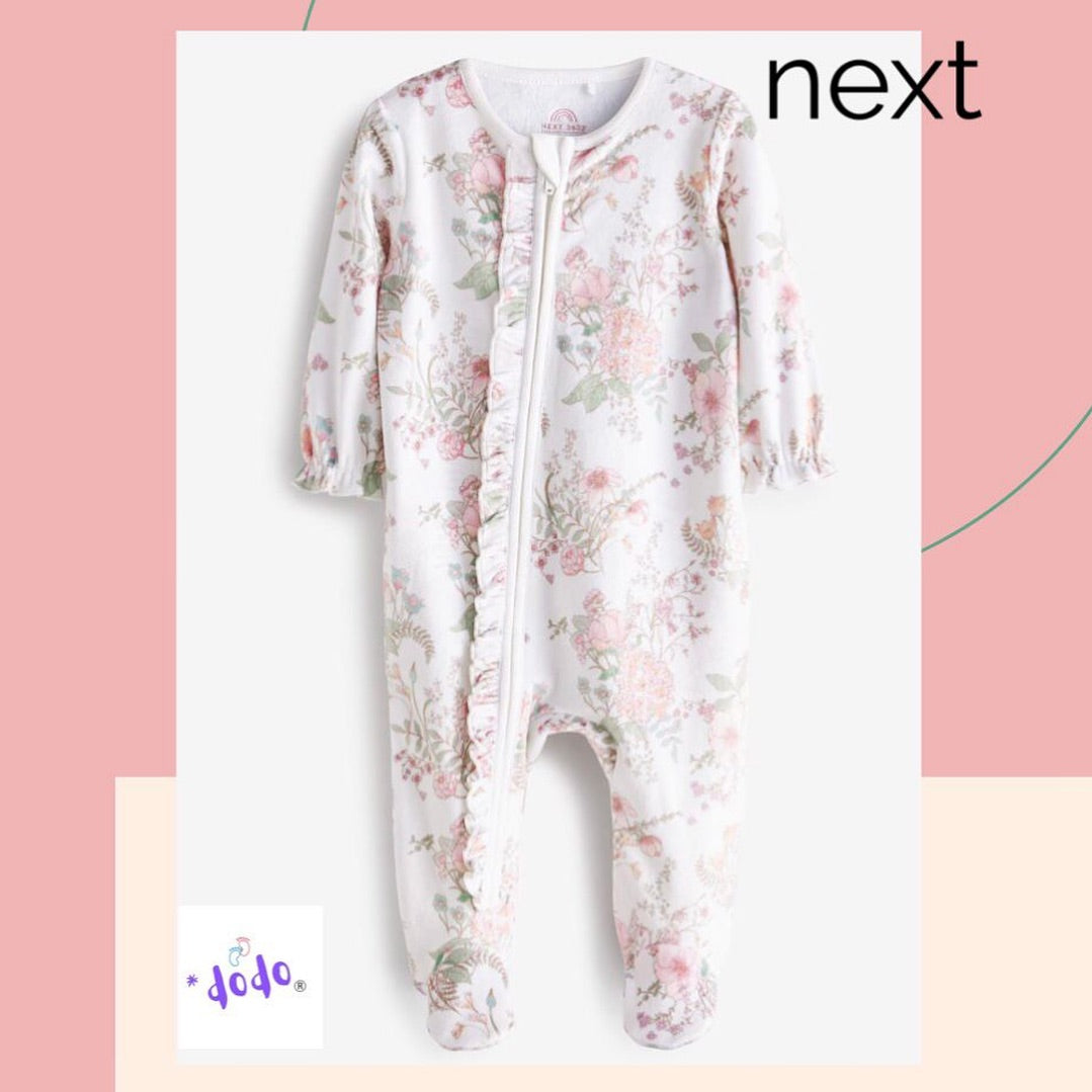 Floral Frilled Velour Sleepsuit.
