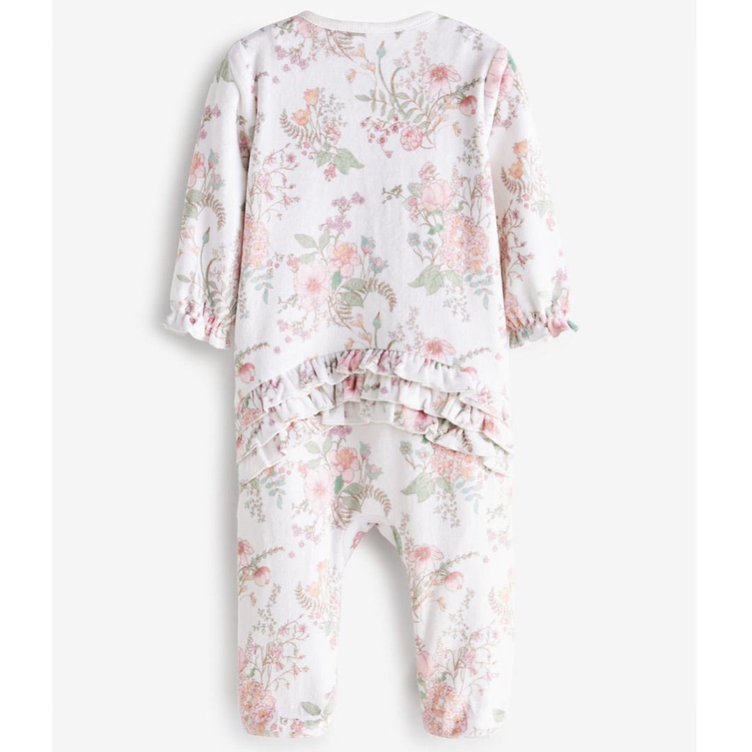 Floral Frilled Velour Sleepsuit.
