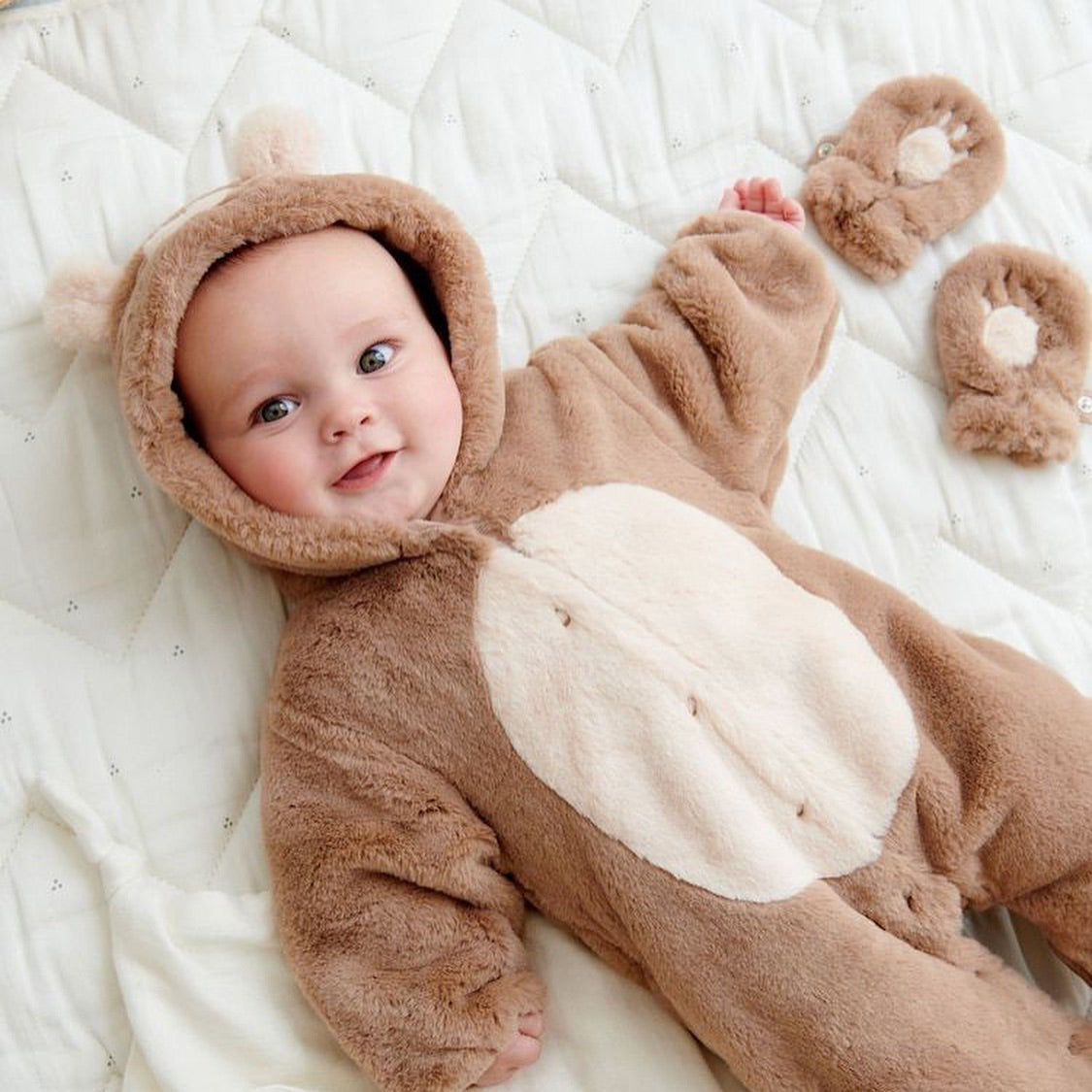 Brown Fleece hooded Pram suit with detachable Mitts.