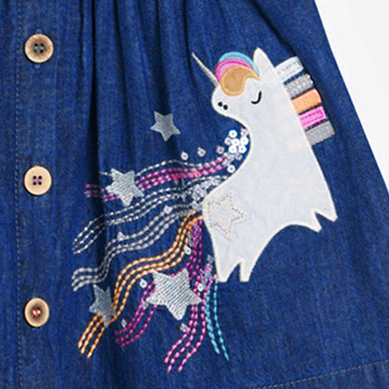 Mid Blue Unicorn Embroidered , Buttoned Dress