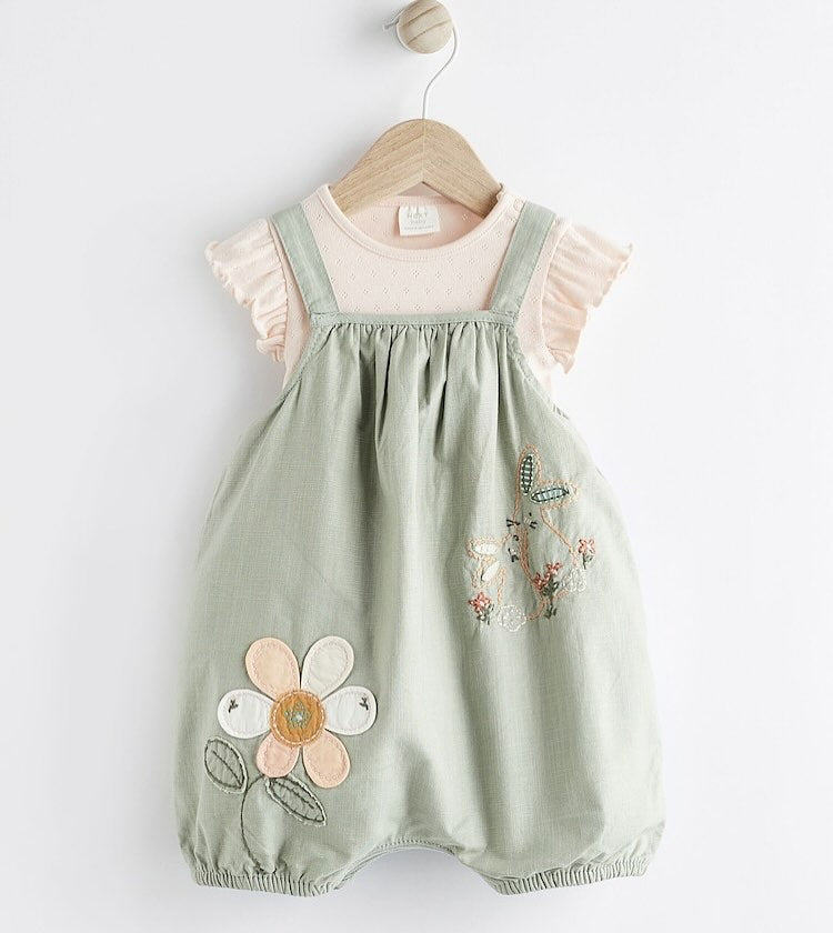 Green Embroidered Dungarees & Bodysuit Set