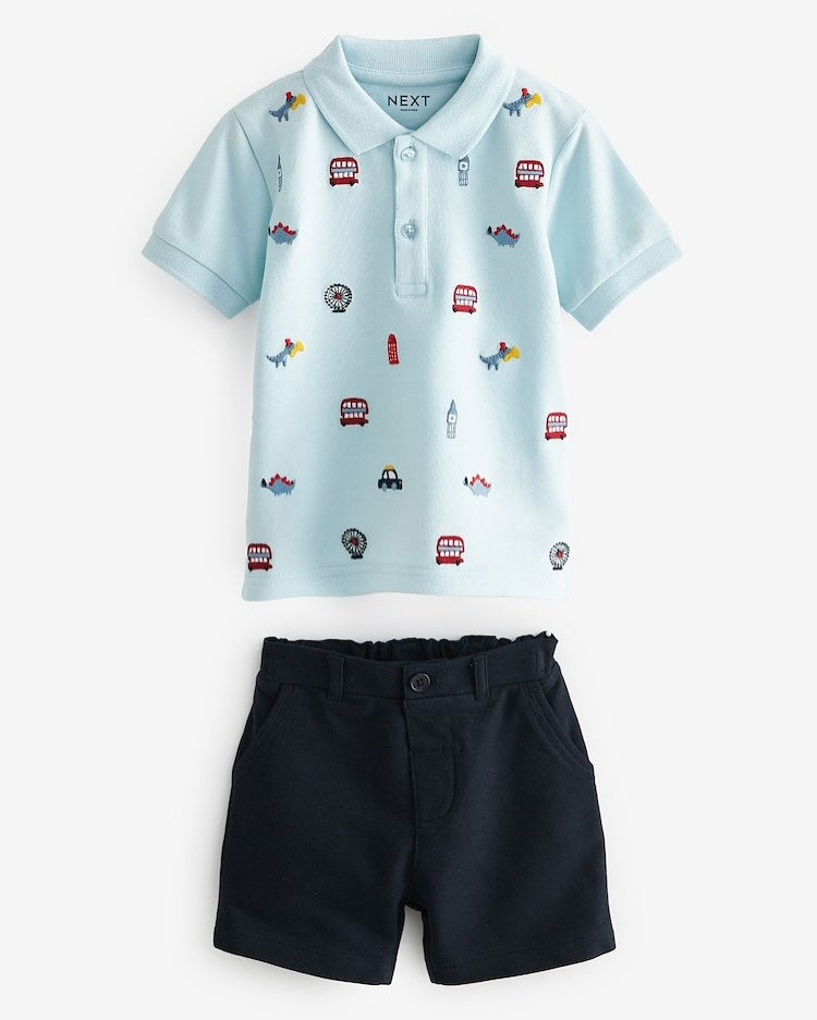 Blue Appliqué Polo Shirt & Short Set