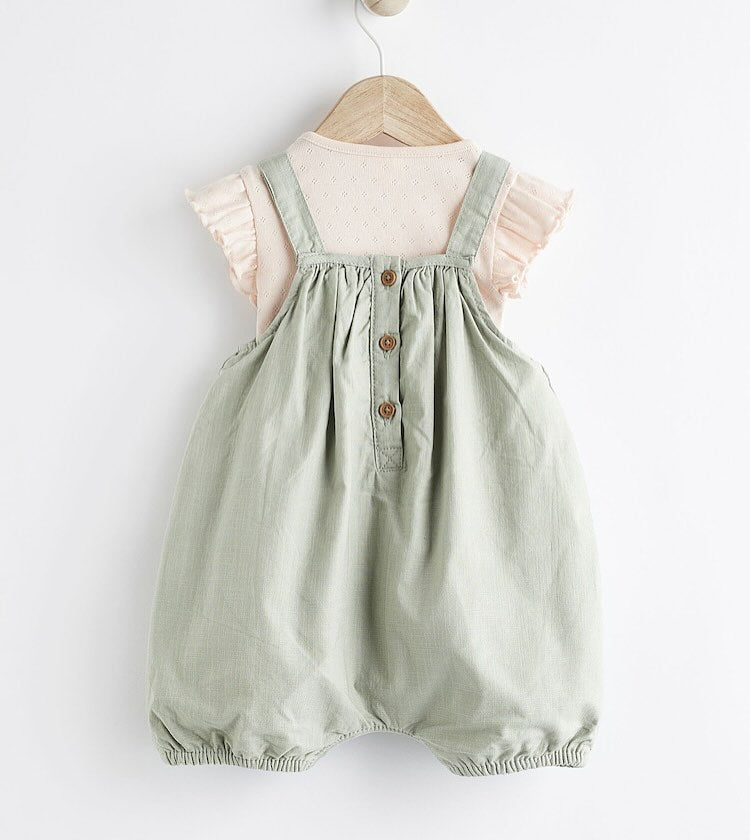 Green Embroidered Dungarees & Bodysuit Set
