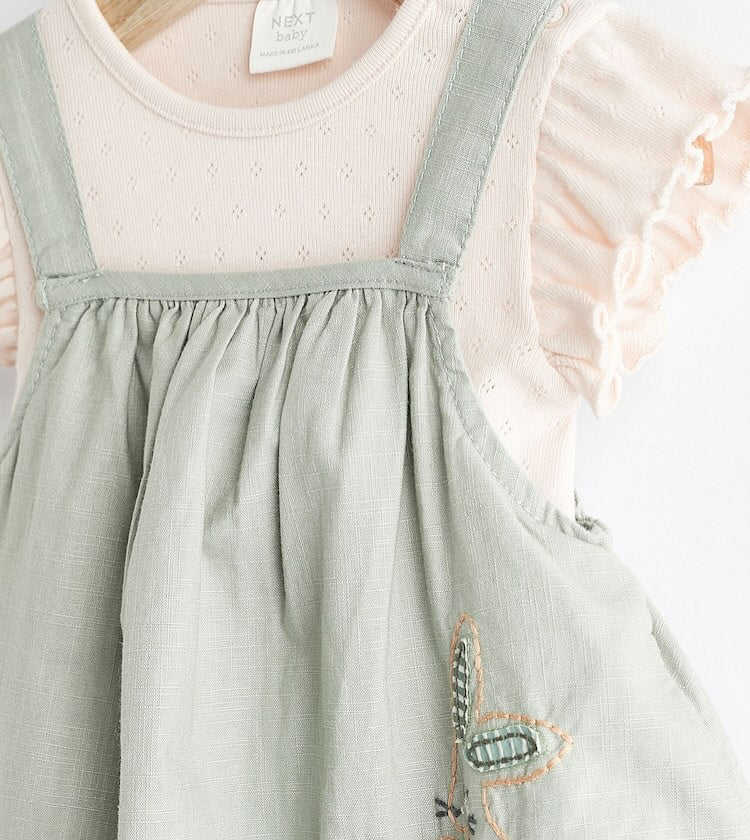 Green Embroidered Dungarees & Bodysuit Set