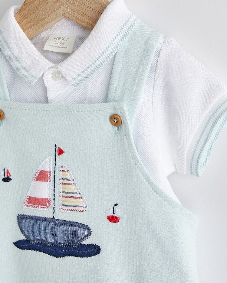 Blue Boat Dungarees & Polo Bodysuit Set