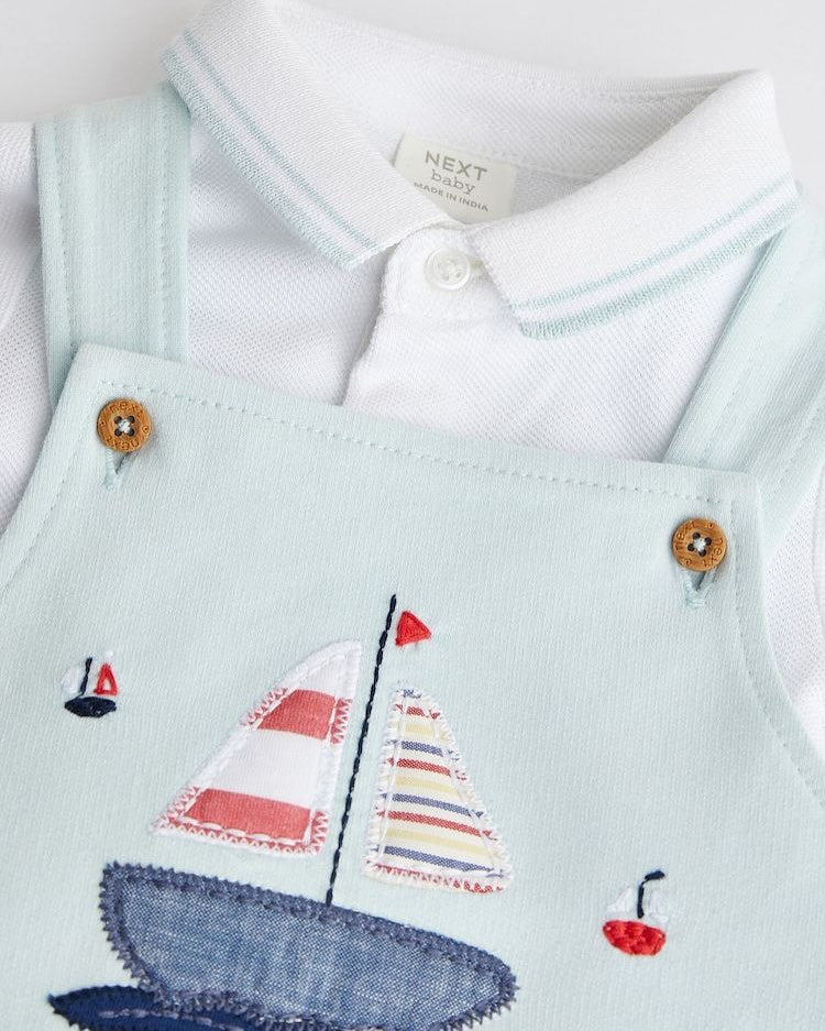 Blue Boat Dungarees & Polo Bodysuit Set