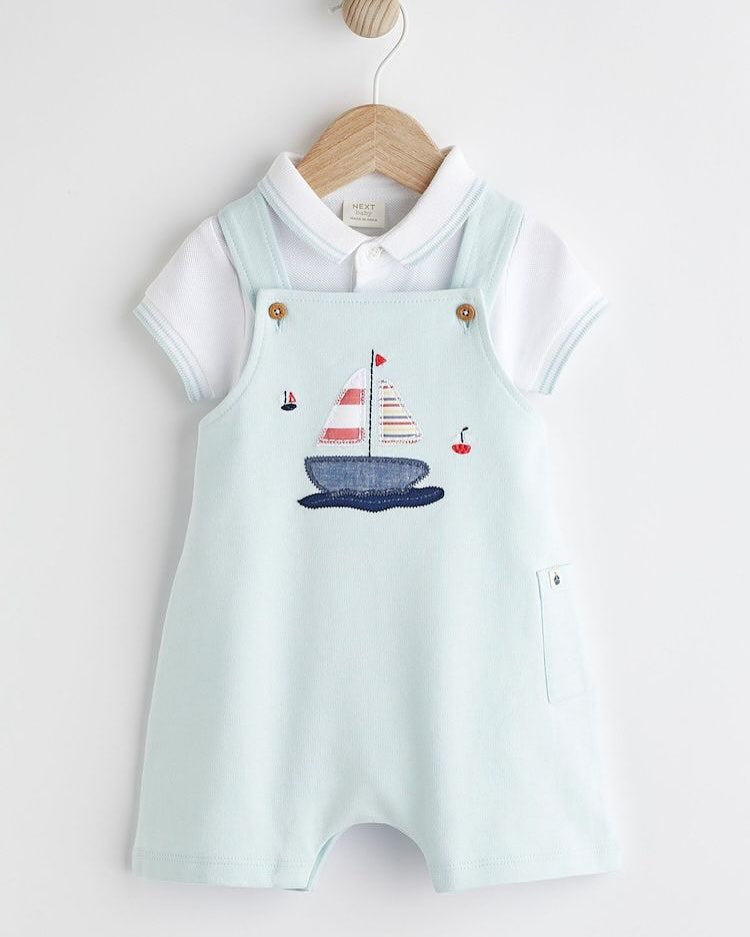 Blue Boat Dungarees & Polo Bodysuit Set