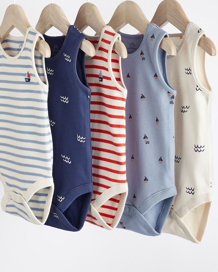 Blue Printed Vest Bodysuit 5 Pack Set