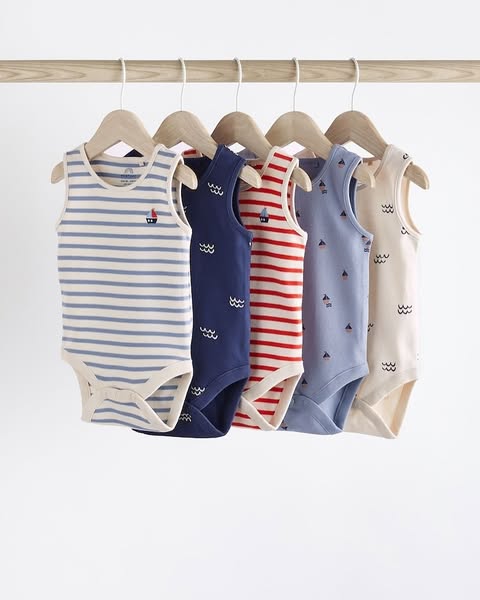 Blue Printed Vest Bodysuit 5 Pack Set