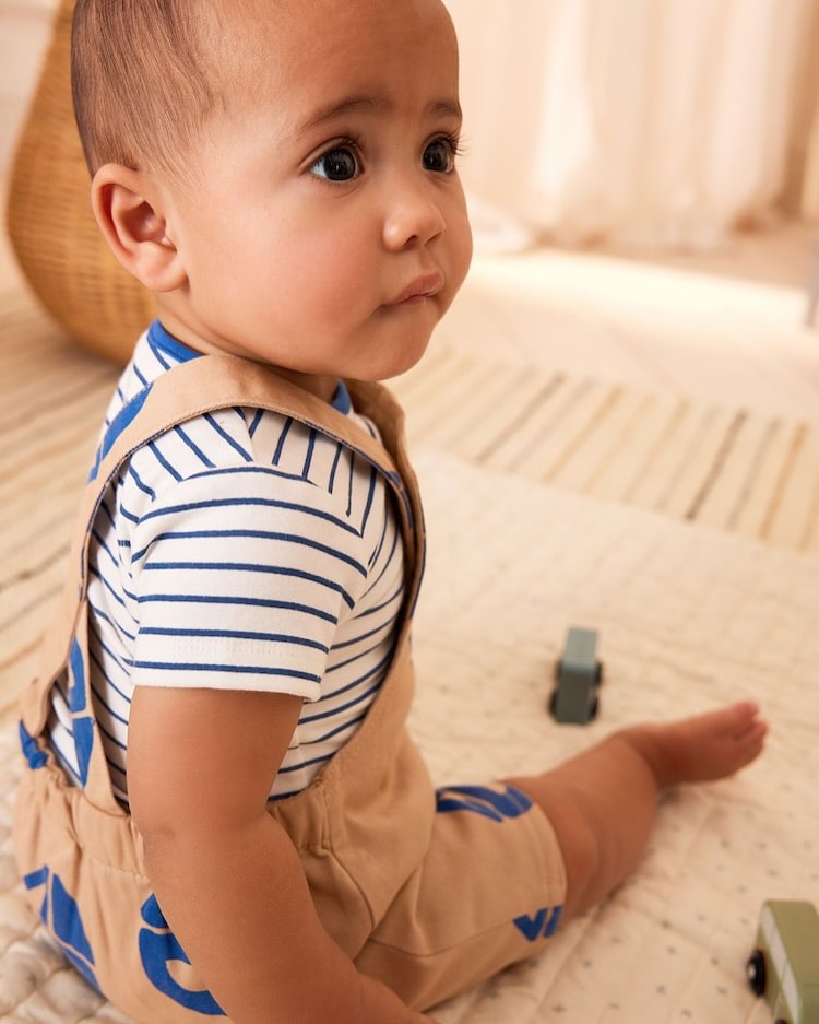 Brown/ Navy Boat Dungarees & Bodysuit Set
