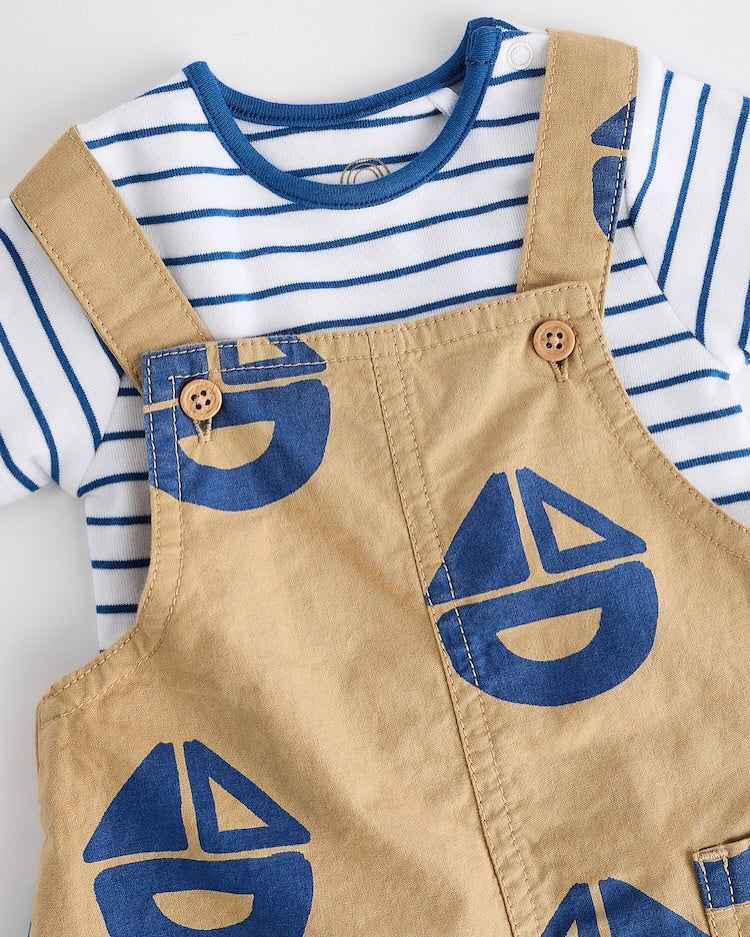 Brown/ Navy Boat Dungarees & Bodysuit Set