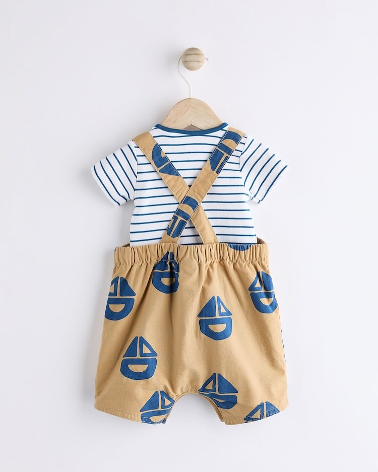 Brown/ Navy Boat Dungarees & Bodysuit Set