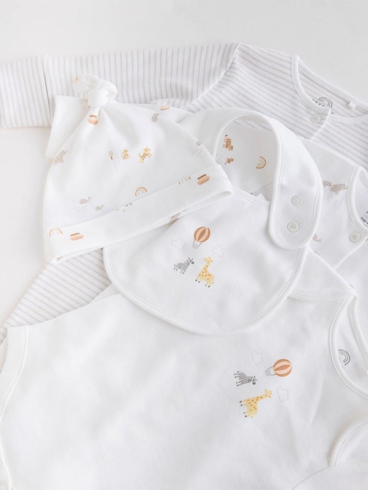 White Cotton 5 Pcs set Sleepsuits, Bodysuit, Bib, Cap.