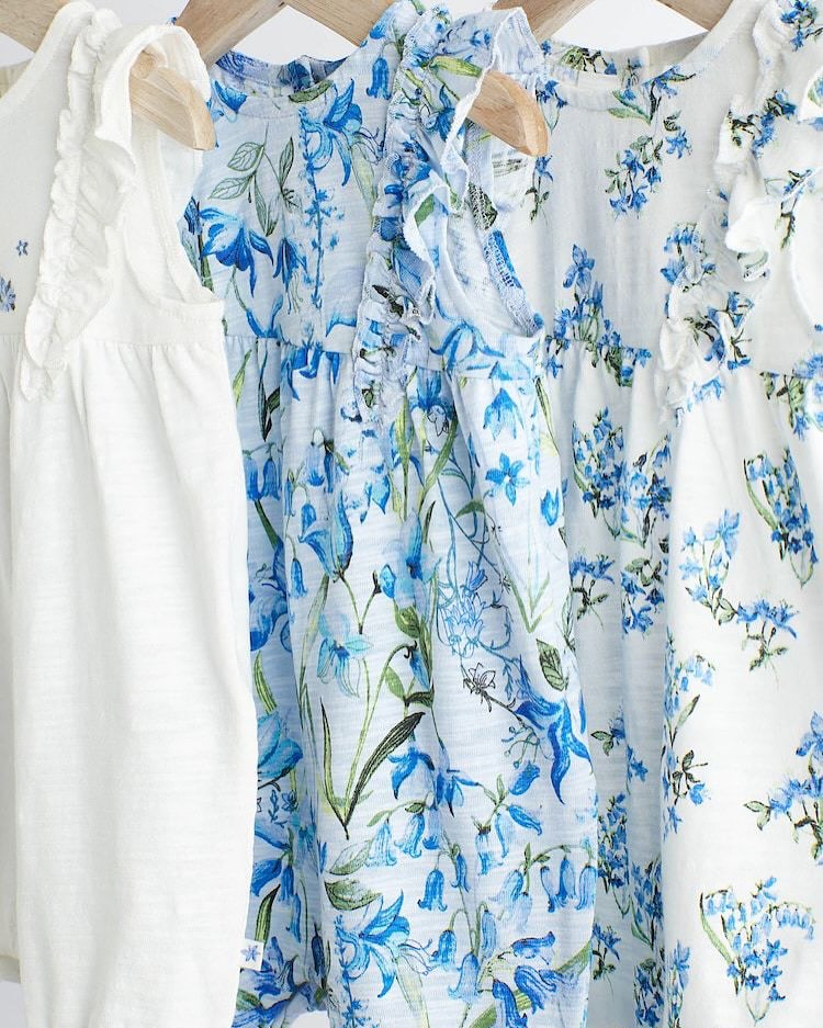 Blue/White Floral Frilled Rompers 3 Pack