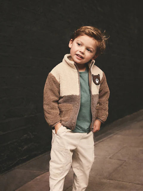 Brown Colourblock Fleece Zip Through Jacket