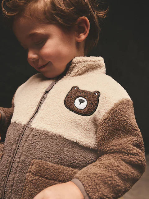 Brown Colourblock Fleece Zip Through Jacket