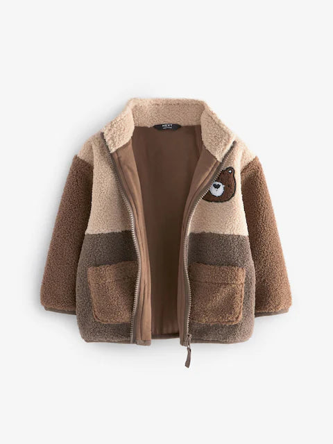 Brown Colourblock Fleece Zip Through Jacket