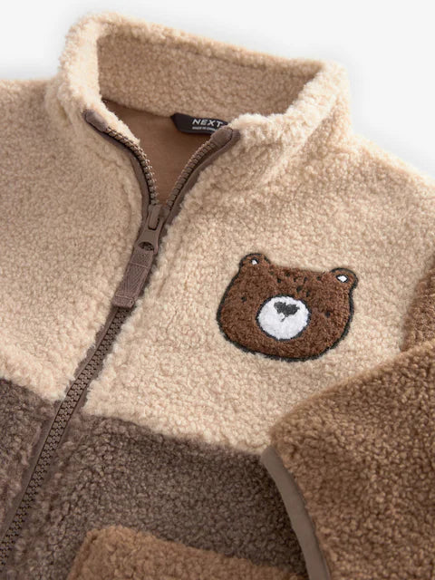 Brown Colourblock Fleece Zip Through Jacket