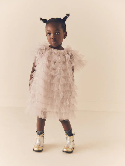 Shell Pink Sparkle Ruffle Mesh Dress