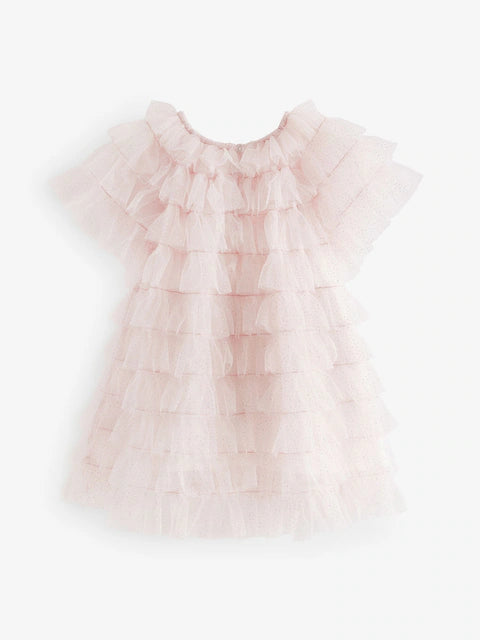 Shell Pink Sparkle Ruffle Mesh Dress