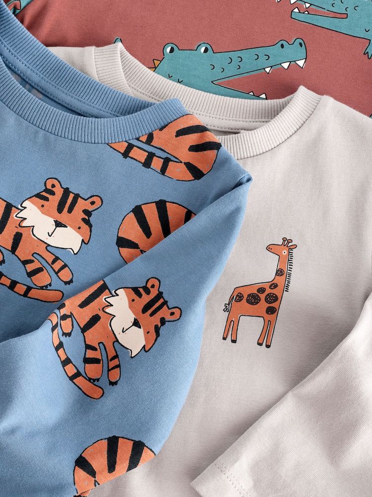 Neutral/Tan Long Sleeve Animal
Print Character T-Shirts 3 Pack
