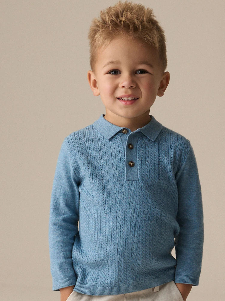Blue Long Sleeve Cable Polo Shirt