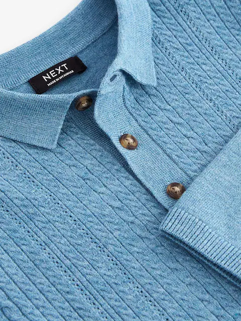 Blue Long Sleeve Cable Polo Shirt