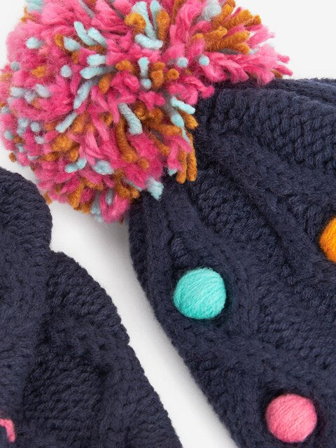 Navy Blue 2 Piece Pom Pom Trapper Hat And Mittens Set